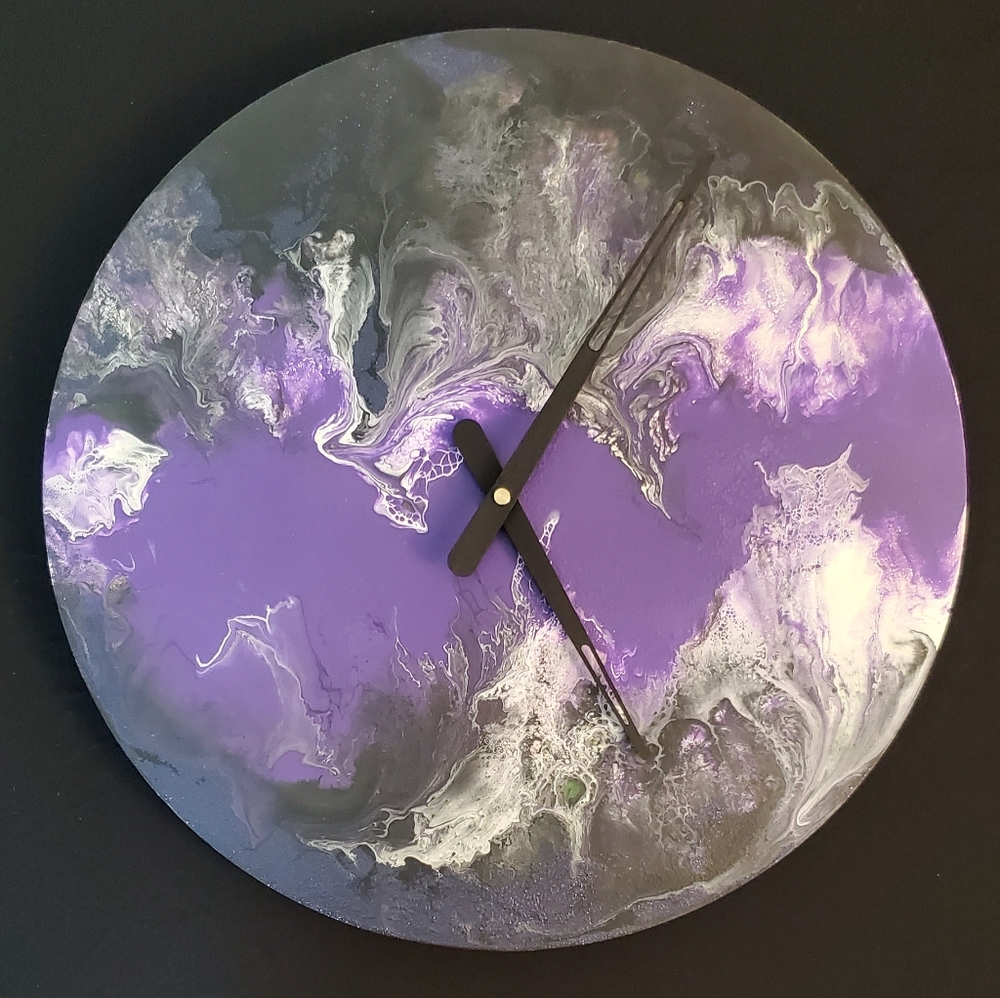 18" Circular Hand-Painted Wall Clock, Black, Purple White, minimalist style